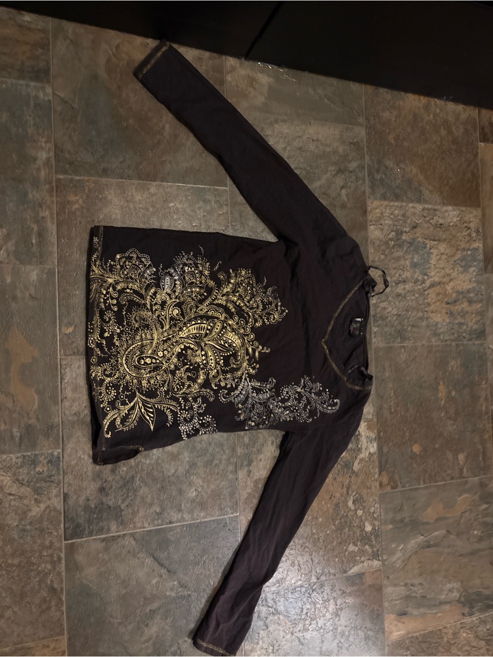 Black Long-Sleeve Shirt with Gold Paisley Accent